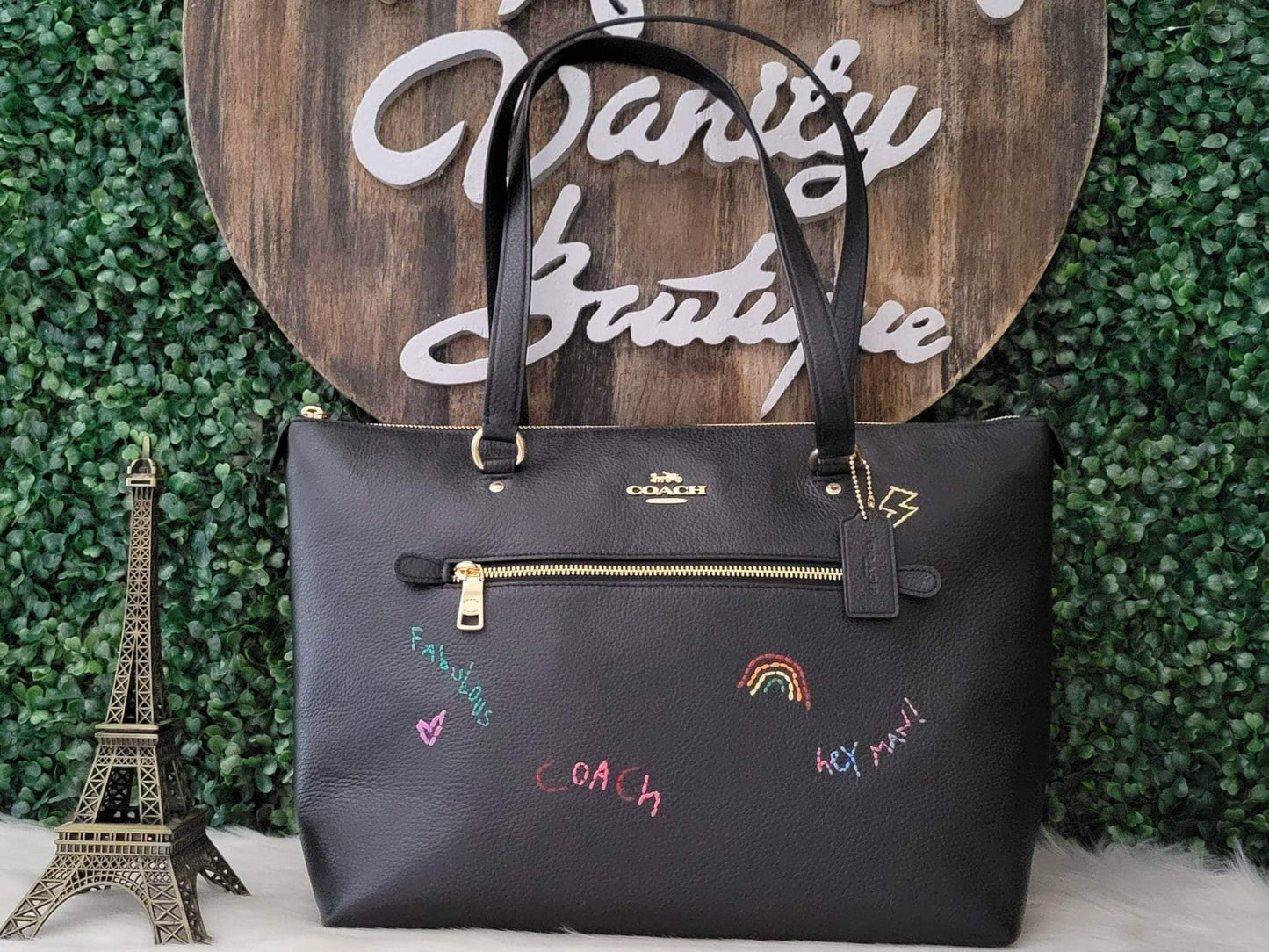 Coach C8365 Gallery Tote Pebble Leather With Diary Embroidery Black Multi